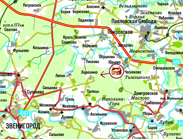 Загородный поселок класса DeLuxe Шервуд находится в 26 км от МКАД по Новорижскому шоссе в Истринском районе Подмосковья